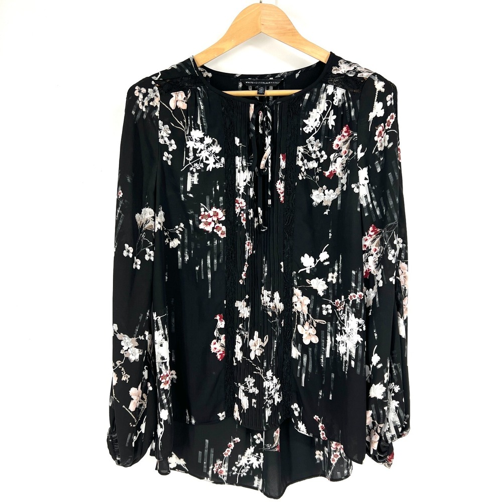 White House Black Market Pleated Top Size 10 Black Floral Lace Balloon Sleeves